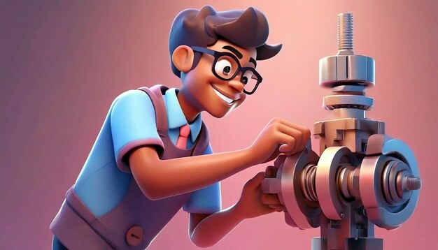 Photo 3d rendering of cartoon like man working on mechanism