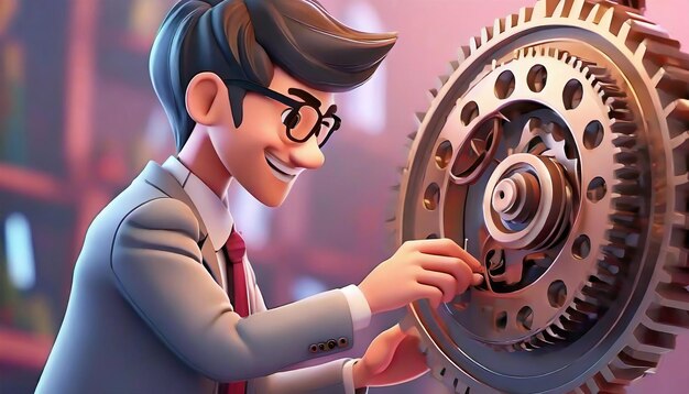 Photo 3d rendering of cartoon like man working on mechanism