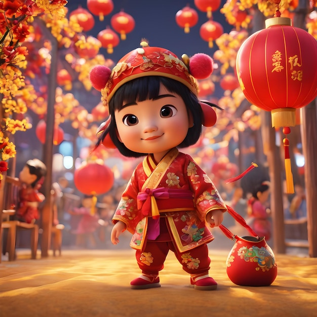 3D 렌더링 만화 어린 소녀 캐릭터가 중국 설날을 축하합니다