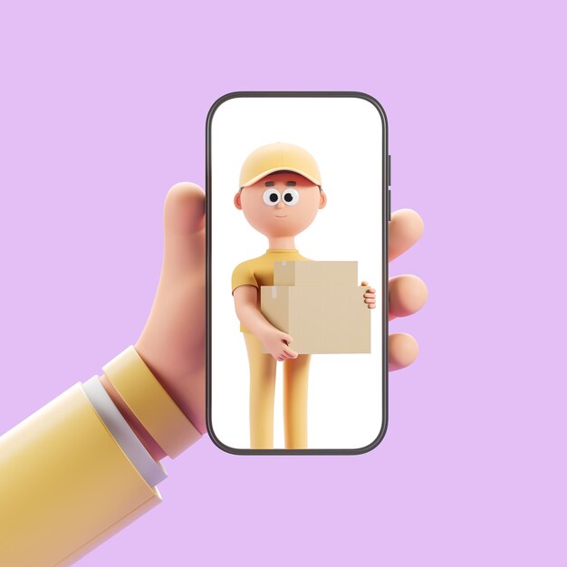 3d rendering Cartoon man in mock up phone screen delivery service and courier