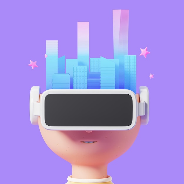 3d rendering cartoon man in vr glasses metaverse and cityscape