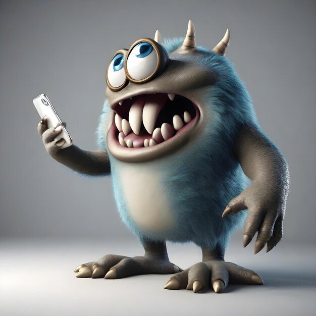 Photo 3d rendering cartoon monster with full length smartphone
