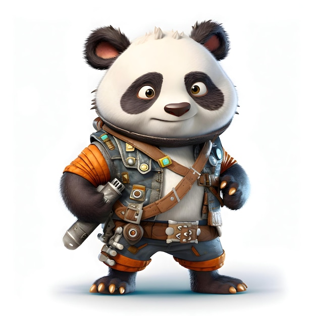 3D rendering of a cartoon panda warrior isolated on white background