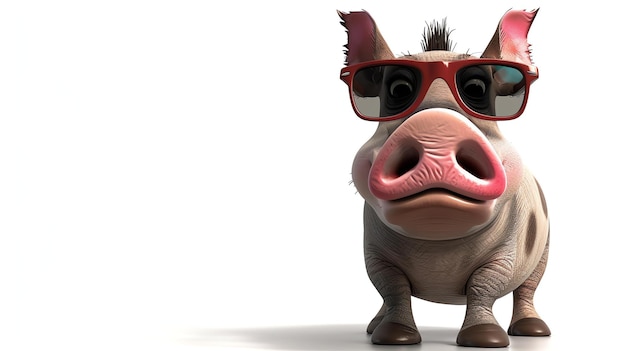 Photo 3d rendering of a cartoon pig wearing sunglasses the pig is standing on a white background and looking at the camera