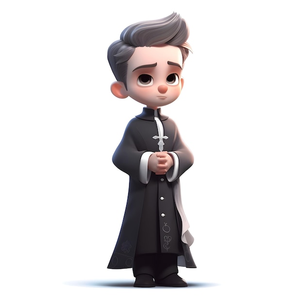 3D rendering of a cartoon priest with a tie in his hand