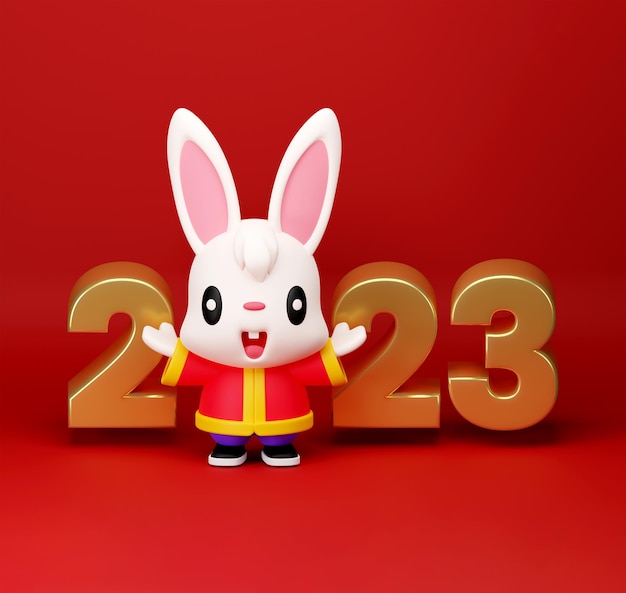 幸せな中国の旧正月 2023 を希望する挨拶の手で 3 D レンダリングの漫画のウサギのキャラクター