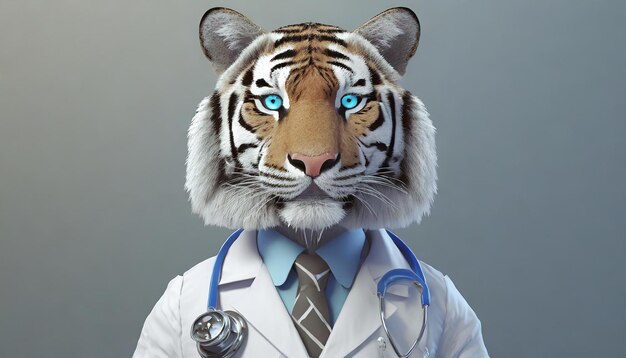 Foto rendering 3d di una tigre dei cartoni animati come dottore e scienziato in un laboratorio chimico