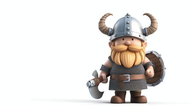 A 3D rendering of a cartoon Viking He is wearing a horned helmet chainmail armor and brown boots