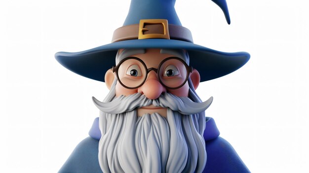 3D rendering of a cartoon wizard He is wearing a blue robe and a tall pointed hat He has a long white beard and mustache