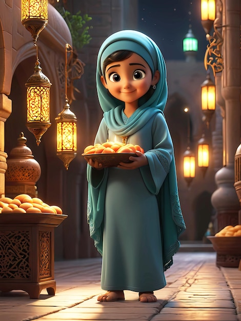 3D-рендеринг мультфильма женщина с тарелкой еды с фонарями для празднования Рамадана