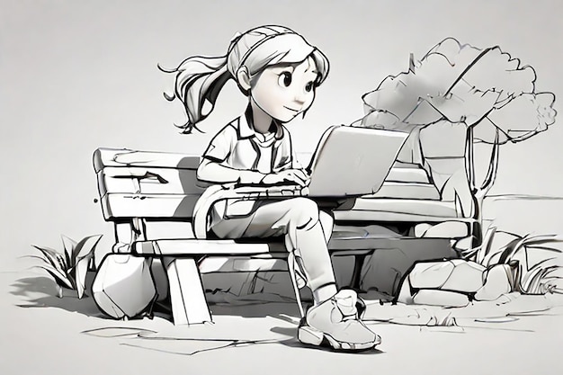 3Dレンダリングのアニメ 野外でベンチに座ってラップトップで働く女の子