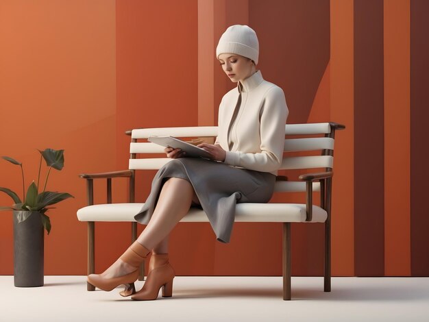 3D rendering of a cartoonlike woman reading on a bench