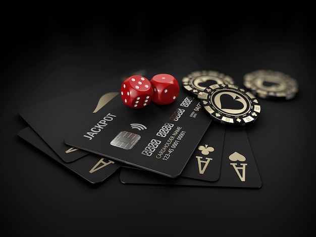 Rendering 3d di fiches d'oro del casinò e carte da gioco nere con percorso di ritaglio della carta di credito incluso