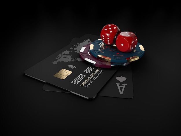 Photo 3d rendering of casino gold chips and black play cards with bank card
