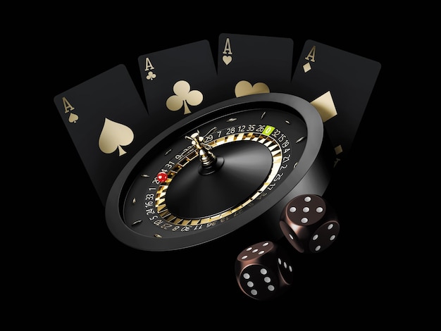 3d Rendering of Casino Roulette Wheel with pokers cards and casino Dices. clipping path included