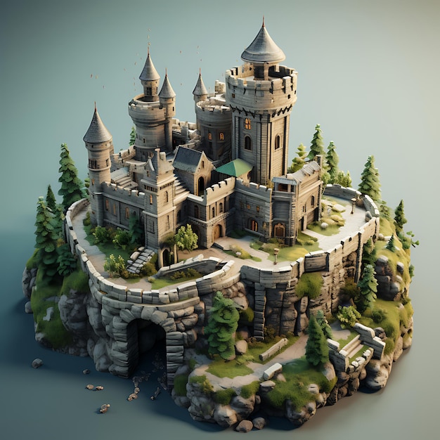 3d rendering of castle city isometric miniature