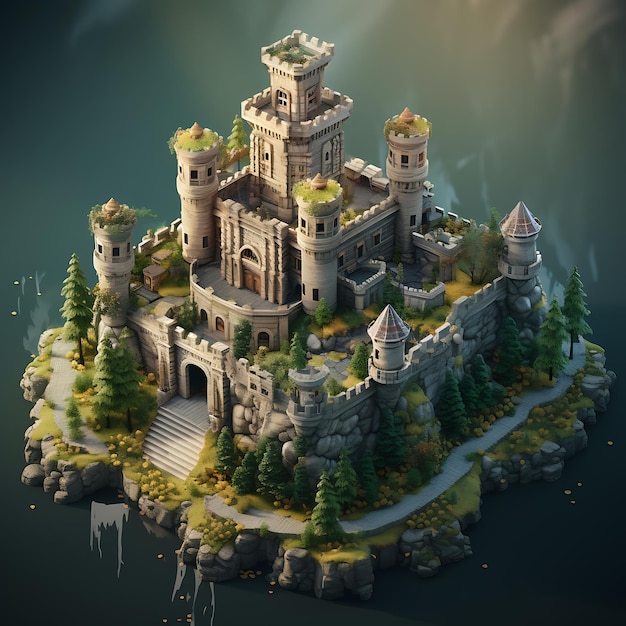 3d rendering of castle city isometric miniature