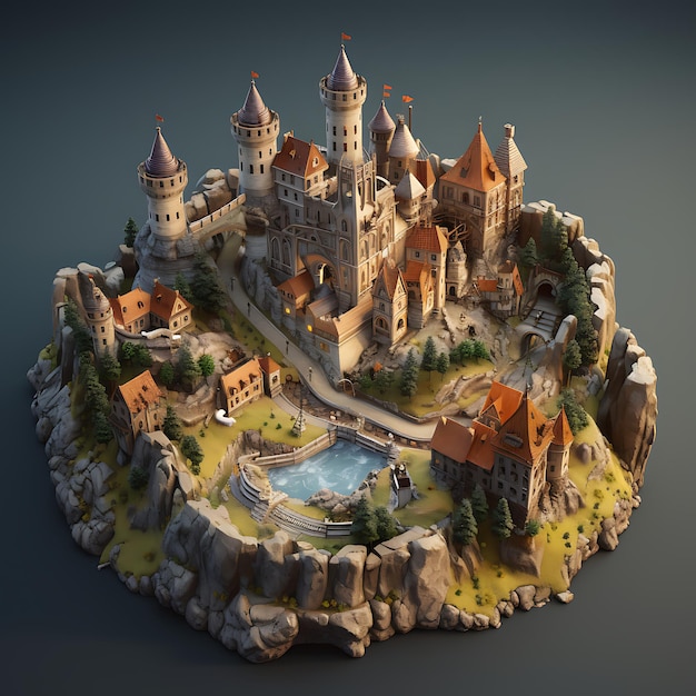 3d rendering of castle city isometric miniature