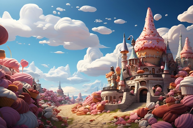 3D rendering of the castle in the fantastic colorful Candyland 1