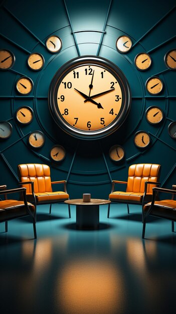 3D rendering Chairs accompanied by clock in a thoughtfully crafted illustrative scene Vertical Mob