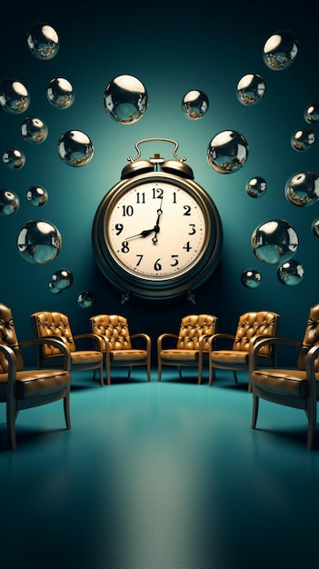 3D rendering Chairs accompanied by clock in a thoughtfully crafted illustrative scene Vertical Mob