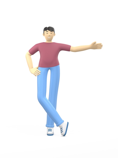 3D rendering character of an asian guy hand to side.
