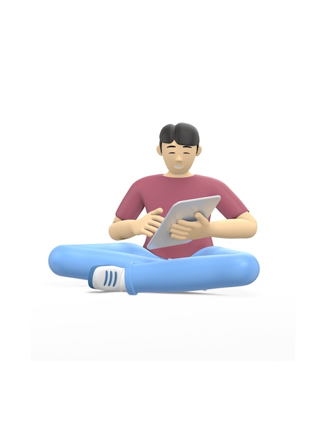 Carattere della rappresentazione 3d di un tipo asiatico che si siede nella posizione di loto con una compressa. il concetto di studio, business, leader, startup.