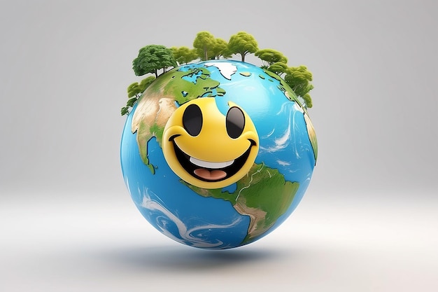 Photo 3d rendering of character of smiley world icon isolate on white background concept of world earth day 3d render illustration cartoon style