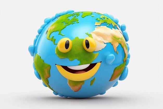 Photo 3d rendering of character of smiley world icon isolate on white background concept of world earth day 3d render illustration cartoon style