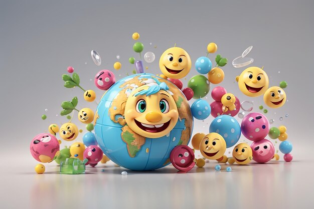 3d rendering of character of smiley world icon isolate on white background concept of world earth day 3d render illustration cartoon style