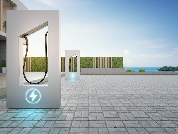 Photo 3d rendering of charging station near terrace in modern sea view smart home