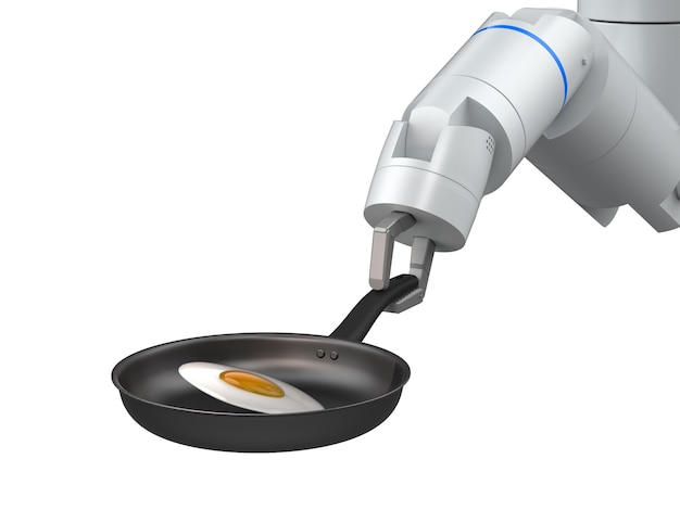 3D-rendering chef-kok robot greep koekenpan geïsoleerd op wit