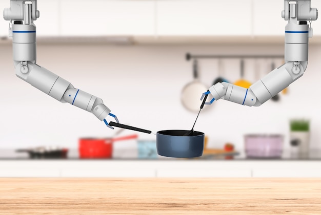 3d rendering chef robot che cucina in cucina