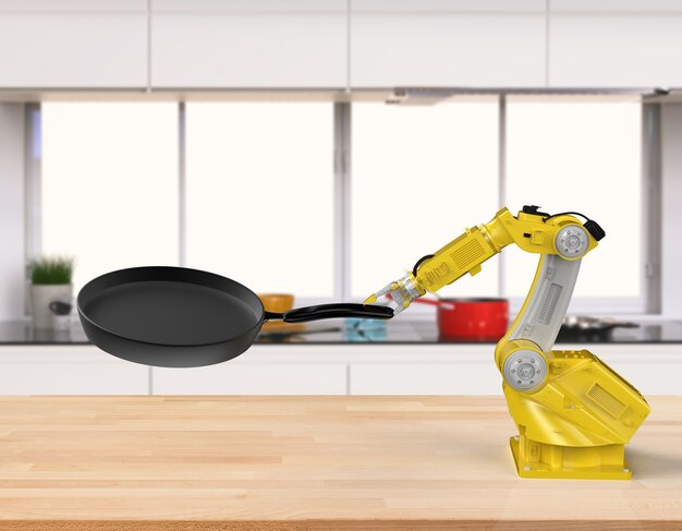 3d rendering chef robot che cucina in cucina