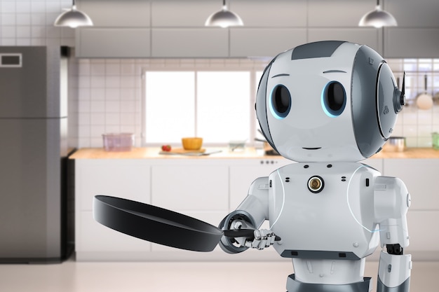 3d rendering chef robot cooking with frying pan