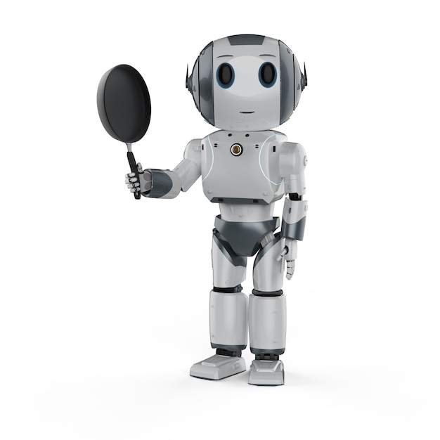 3d rendering chef robot cooking with frying pan