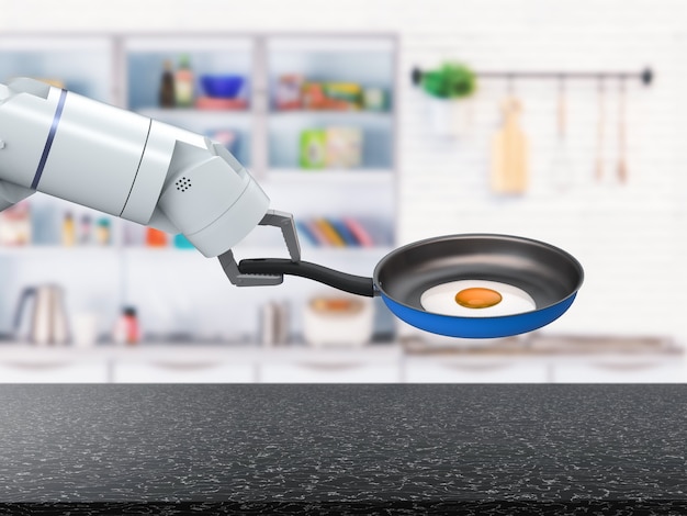 3Dレンダリングシェフのロボットがキッチンでフライパンを保持します