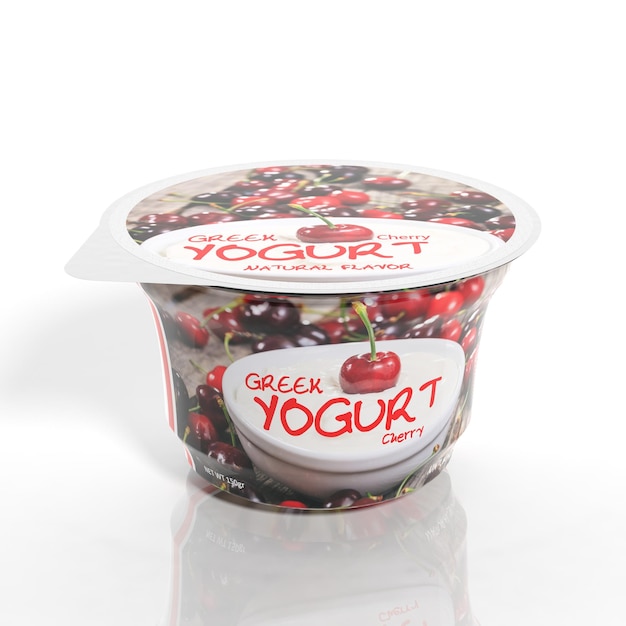 3D-рендеринг упаковки пластиковых стаканчиков Cherry Yogurt на белом фоне