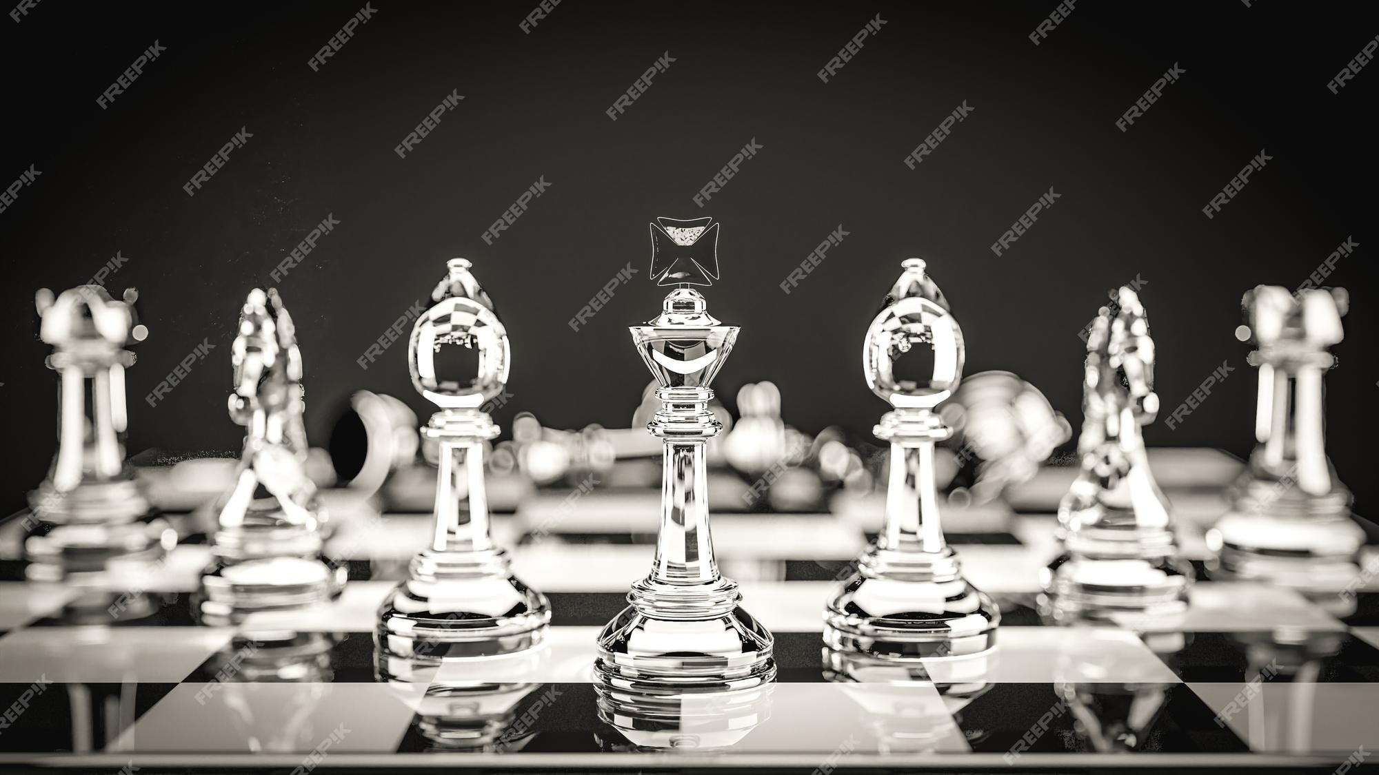 3D Rendering : illustration of chess pieces.the glass king chess at the  center with pawn chess in the back.chess board with light drop background.leader  success concept,business leader concept Stock Illustration