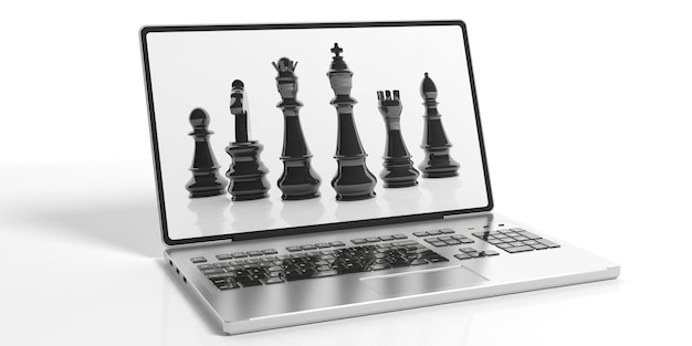 Photo 3d rendering chess on laptop screen