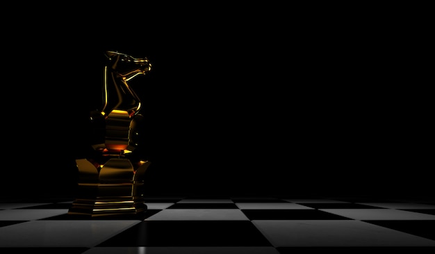 3D Rendering of Chess pieces golden knight. isolated on black background. 