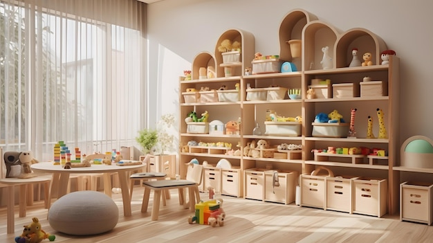 3d rendering of children room interior with toys and wooden furniture