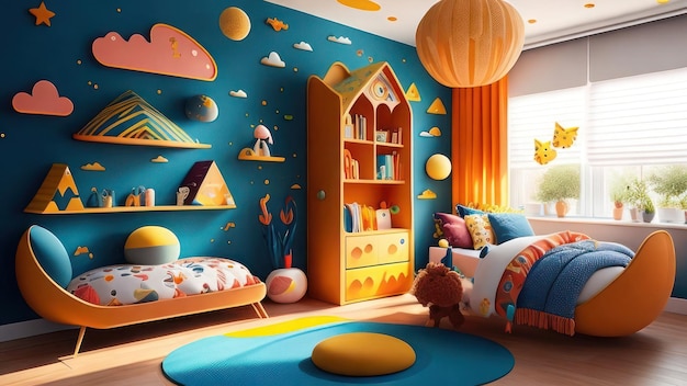 3d rendering of children's room with yellow and blue furniture and toys