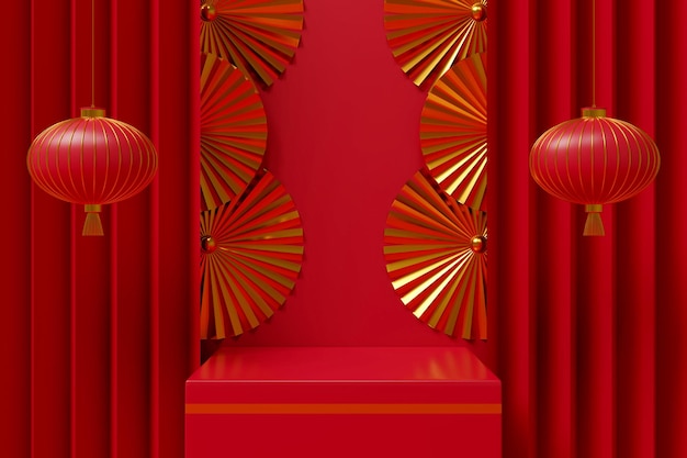3D rendering Chinees nieuwjaar leeg podium met lantaarn en ventilator