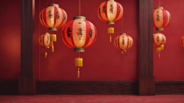 3d rendering chinese lanterns on red background