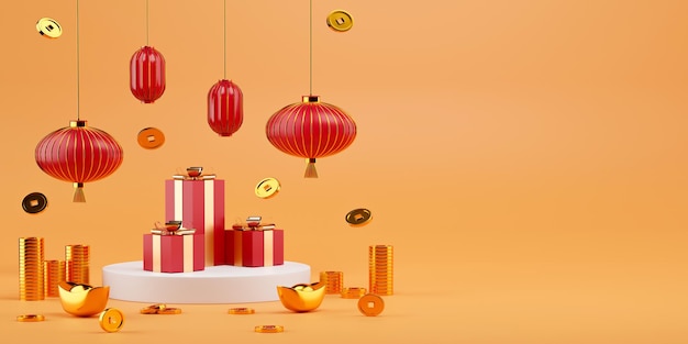 3d rendering Chinese New Year celebration background with presents coins gold ingots and Chinese l