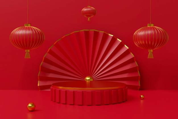 3d rendering Chinese new year cylinder podium with lantern and fan