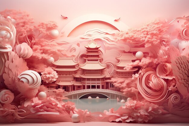 3d rendering of Chinese temple in paper art style with copy space