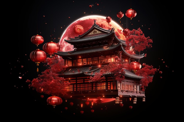 3D-рендеринг китайского традиционного здания с красной луной и фонарями Ai Generated