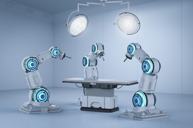 3D-rendering chirurgie robotarm in operatiekamer